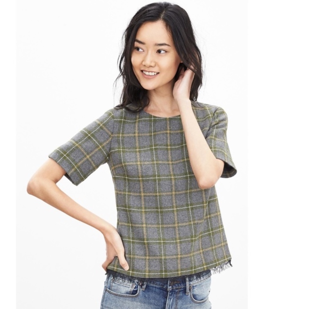 BANANA REPUBLIC Plaid Tweed Top with Lace Trim